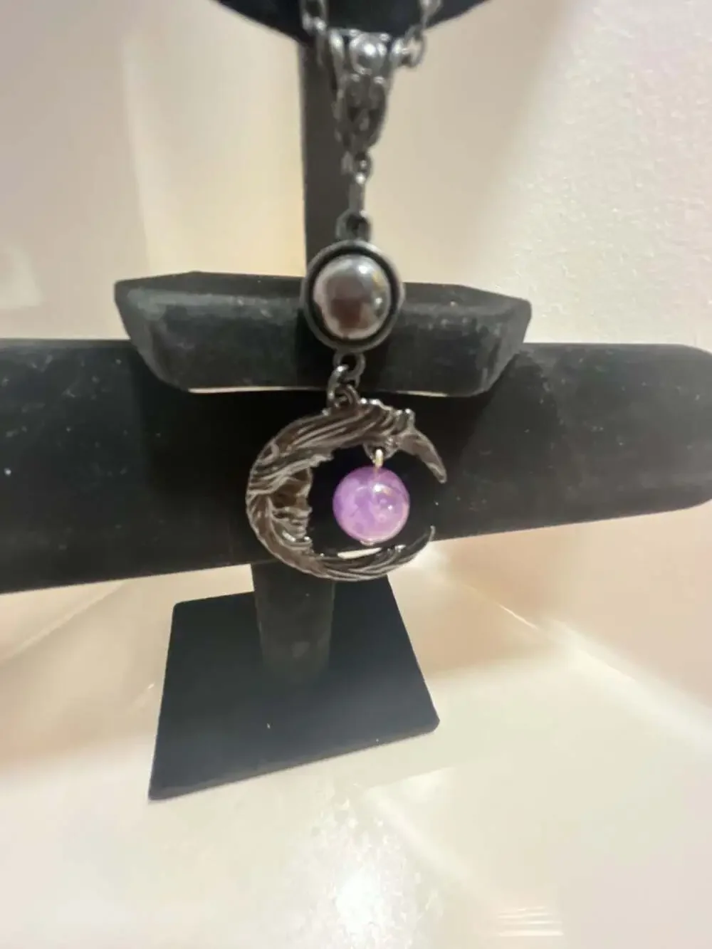 Gothic Black Crescent Moon Pendant Necklace with Purple Bead